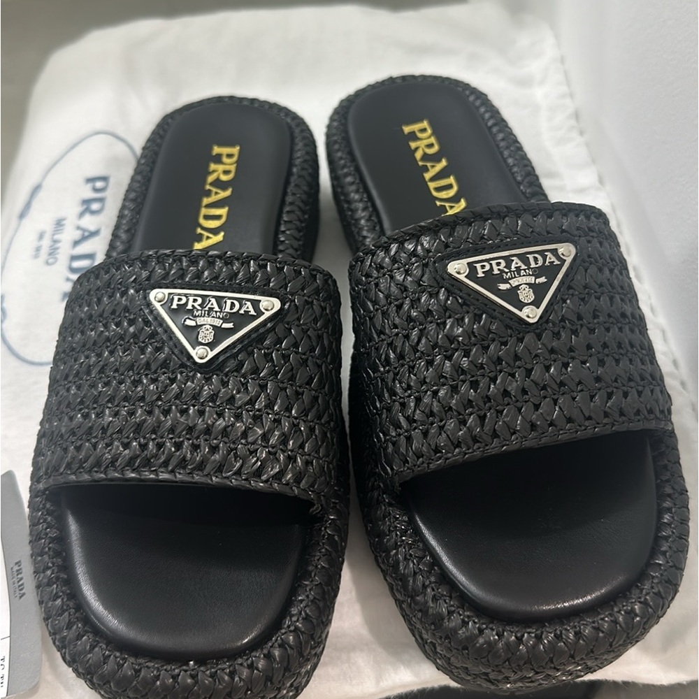 Prada Black Raffia Single-Band Platform Slides - Silver logo / size 37